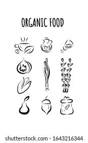 Vector set with hand-drawn organic products for a diet with herbs and spices. illustration.fresh herbs, nuts, vinegar, figs, pears, asparagus.Suitable for poster, banner, website icons, landing page