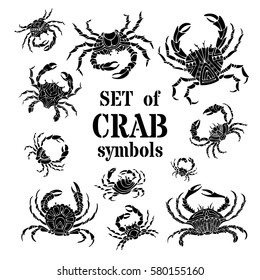 Vector set of hand-drawn ornate crabs. Black icons and symbols isolated on white background.