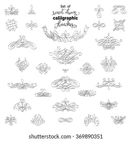 Vector set of hand-drawn page decorations and dividers. Set of calligraphic flourishes and ornamental design elements isolated on white background. 