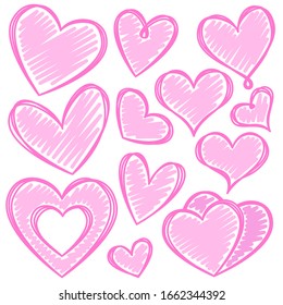 Vector set of hand-drawn pink sloppy painted hearts with several pink lines. Hand drawing rough heart marker isolated on white background. Vector illustration for your graphic design