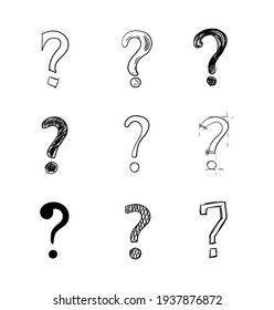 Vector set of handdrawn questions marks isolated on white background, doodle style illustration.