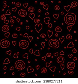 Conjunto vectorial de corazones rojos dibujados a mano sobre un fondo negro en estilo doodle