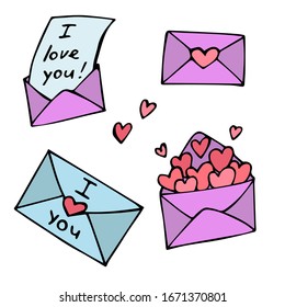 vector set of hand-drawn romantic cartoon envelopes with hearts and declarations of love. isolated on a white background.