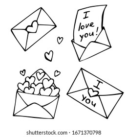 vector set of hand-drawn romantic doodle envelopes with hearts and declarations of love. isolated on a white background.