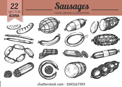 Vector set with hand-drawn sausages