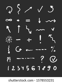 Vector set of hand-drawn signs and numbers on the black background