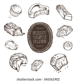 Vector set of hand-drawn sketches bitten chocolates. handmade frame and letters