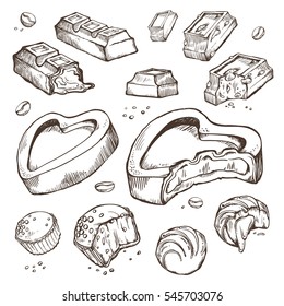Vector set of hand-drawn sketches bitten chocolates. Sweet rolls, bars, glazed, cocoa beans. Isolated objects on a white background