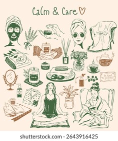 Vector set of hand-drawn sketches themed around calm and self-care. Includes face cream, serum, candles, herbal tea, towel, and other cozy elements. Line art with an organic, relaxing feel