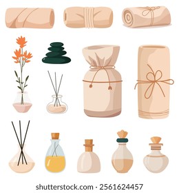 Vector Set of Hand-Drawn Spa Elements: Towels and Perfumes