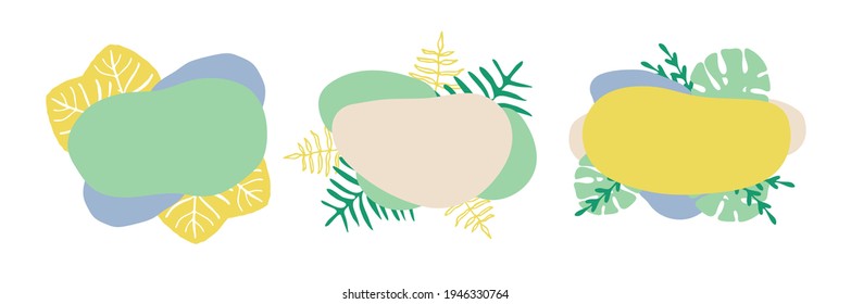 Vector set of hand-drawn speech bubbles with tropical leaves and plants. Blanks for text, phrases, banners for design, simple, flat, cute, isolated. Оrganic, natural, delicate, geometric shapes. 2021