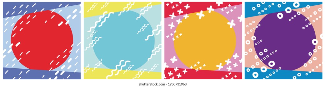 Vector set of hand-drawn speech bubbles. Blanks for text, phrases, banners for design with simple flat cute lines. Colored, freehand, child , bright, fashionable, geometric shapes, circles. 2021 fond