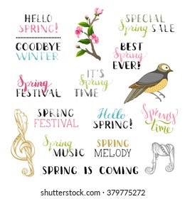 Vector set of hand-drawn spring design elements. Hand-written brush lettering, spring tree branch with flowers and bird.