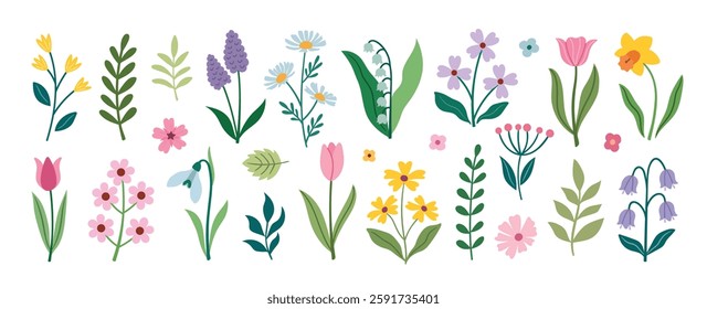 Vector set of hand-drawn spring and summer flowers on a white background