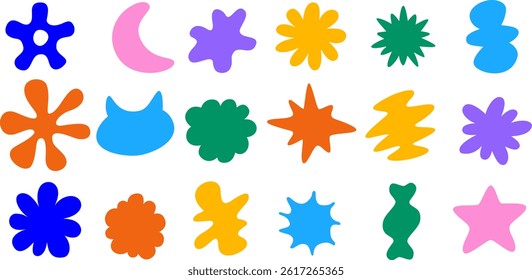 Vector set of hand-drawn stars and liquid shapes, design elements, badges, stickers, and geometric figures abstract background elements for branding, packaging, prints, and social media posts.