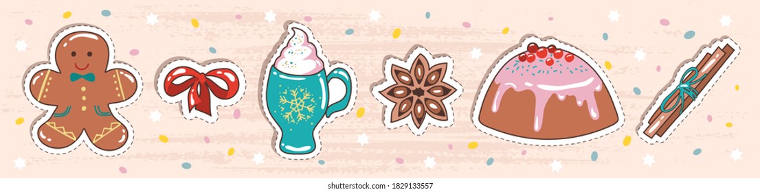 Vector set of hand-drawn stickers for winter sweets. Cartoon patches in the concept of dessert, drinks, baking. Hand-drawn gingerbread man, sweet drink, cinnamon sticks,star anise, cupcake