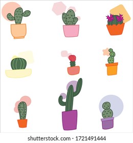 Vector set of hand-drawn style cacti. Set of exotic plants on colourful pots. Vector set for print, greetings card and postcard.
