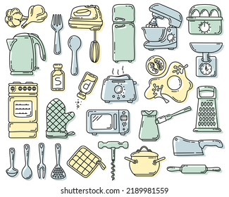 Vector set in a hand-drawn style with a colored background, kitchen utensils, household appliances and products