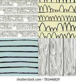 Vector set of hand-drawn stylish seamless patterns with ink strokes and textures. Abstract Lines, houses, wood sketched art