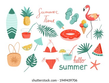 Vector set of hand-drawn summer and beach objects. Flip flops, flamingo, ice-cream, refresh drink, swimsuit, umbrella, pineapple, watermelon, starfish, palms leaves, monstera leaf, sun, beach bag