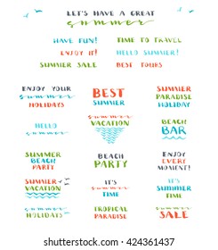 Vector set of hand-drawn summer brush lettering. Hello Summer! Best Tours. Have Fun! Enjoy It! Summer Beach Party. Summer Time. Summer Sale. Enjoy Summer Holidays. Summer Vacation. Tropical Paradise.