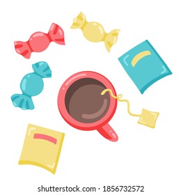 Vector set, hand-drawn. Sweets in a multi-colored wrapper, a red cup of tea, coffee, drink, tea bags. Blue, yellow, red.