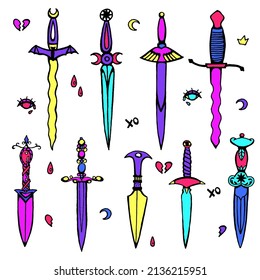 Conjunto vectorial de espadas y cuchillos dibujados a mano en colores de neón. Colección de elementos mágicos vintage en estilo doodle. Objetos aislados sobre un fondo blanco para Halloween