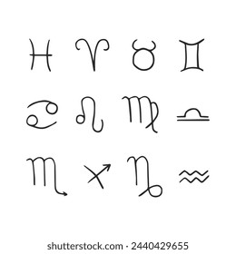 Vector set of hand-drawn symbols of zodiac signs isolated on white. Handwriting elements for horoscope design.
