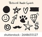 Vector set of hand-drawn textured doodle icons in a sketchy style. Includes smiley face, star, arrow, text banner, circle, diamond, mustache, spiral, dollar sign, paw print, and heart