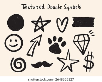 Conjunto vetorial de ícones de rabiscar texturizados desenhados à mão em um estilo esboçado. Inclui rosto sorridente, estrela, seta, banner de texto, círculo, diamante, bigode, espiral, símbolo de dólar, impressão de pata e coração