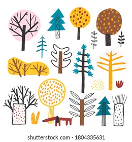 Vector set of hand-drawn trees. Doodle style. 