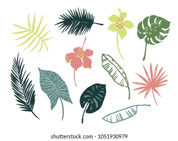 Vector set of hand-drawn tropical leaves and flowers. Design elements.