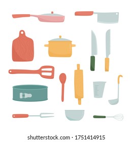 Vector set of hand-drawn vector utensils. Knives, pan, pan, fork, spoon, cutting board, spatula, ladle. Utensils for making dough: whisk, measuring cup, baking dish, rolling pin.