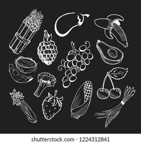 Vector set with hand-drawn vegetables and fruits. Healthy lifestyle.
