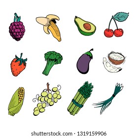 Vector set with hand-drawn vegetables and fruits. Healthy lifestyle.