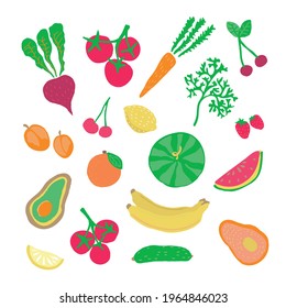 Vector set of hand-drawn vegetables and fruits isolated on white background for decoration and design. Juicy, fresh, cute, cartoonish, childish, trendy, modern freehand bright. Healthy vegetarian food - Powered by Shutterstock - Get 15% off with code: PIKWIZARD15