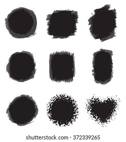 Vector set of hand-drawn watercolor brush strokes in different form of black color with splashes on a white background. Brush smear stain texture. Figured brush strokes. Watercolor vector background.
