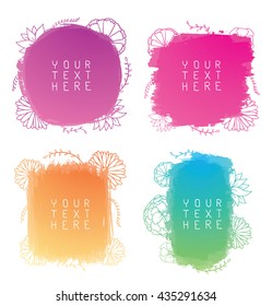 Vector set of hand-drawn watercolor brush strokes of different shapes and colors with contours of flowers on a white background. Brush smear stain texture. Figured brush strokes. Watercolor background
