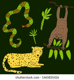 Vector set of handdrawn wild animals. A snake, a jaguar, a sloth.