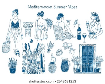 Vector set of hand-drawn women with wine and cocktails, combined with Mediterranean elements like lemons, balconies, flowers, and old streets. Perfect for prints, packaging, and summer-themed designs