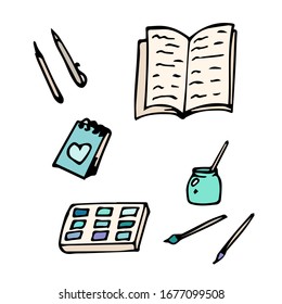 vector set of hand-drawn writing supplies. isolated on a white background. watercolors, a jar of brushes, a notepad, a notebook with notes, a pen and pencil.