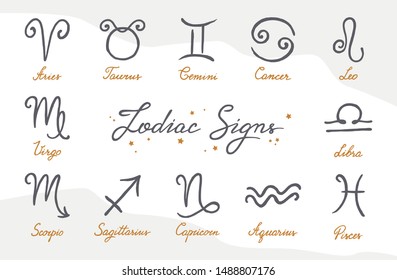 Vector set of hand-drawn zodiac signs icons on various backgrounds. Illustrations of the zodiac signs and calligraphy handwritten names. Simple and minimalistic. Zodiac signs for Internet and print.
