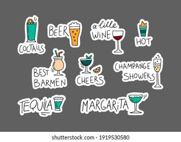 Vector set of hand-lettering cocktail labels. Drawn lettering and icons for cocktail, bartender and cocktail menu, funny badges for birthday