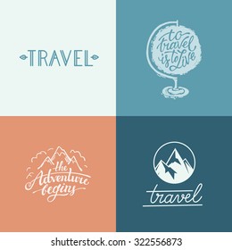 Vector set of hand-lettering designs and prints related to travel and adventure - to travel is to live and the adventure begins quotes