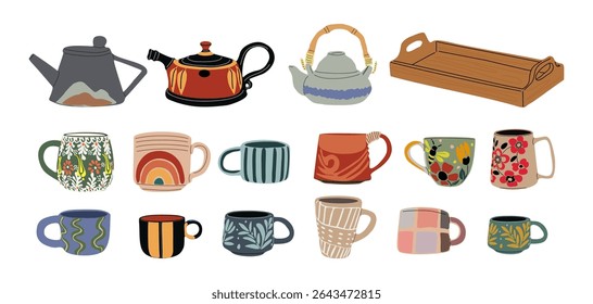 Vector set of handmade ceramic mugs, cups, teapots, kettles, and wooden tray. Rustic kitchenware collection with natural textures, isolated on white background. Cozy tea time concept