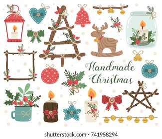 Vector set of handmade craft decorations. Candlesticks, toys, jingle. Handcrafts, rustic design elements illustration 