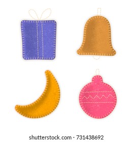 Vector set of hand-made sewn toys. Gift box, bell, moon, Christmas ball made of felt cloth with stitches. For cute holiday design.