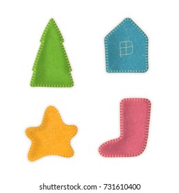 Vector set of hand-made sewn toys. Christmas tree, house, star, stocking made of felt cloth with stitches. For cute holiday design.