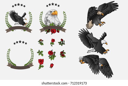 Vector set hand-painted eagle and red rose For graphic design, signage and text.