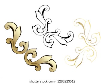 Vector set of hand-painted vintage baroque ornament. Retro pattern antique style acanthus